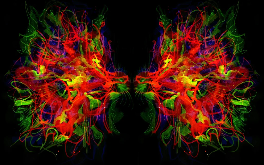 DMT and Science Fiction, **Alt Text for DMT and Science Fiction Image:**

"A psychedelic representation of DMT experiences in science fiction, showcasing surreal landscapes, vibrant colors, and abstract shapes. The image includes fractal patterns, otherworldly beings, and a distorted sense of reality, reflecting the mind-bending effects of DMT as depicted in literature, films, and video games. The scene evokes a sense of transcendent journeys and alternate dimensions often explored in science fiction narratives influenced by psychedelic experiences."
