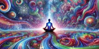 DMT and Spirituality "Abstract representation of DMT and spirituality, featuring vibrant, surreal patterns symbolizing altered states of consciousness and spiritual awakening."